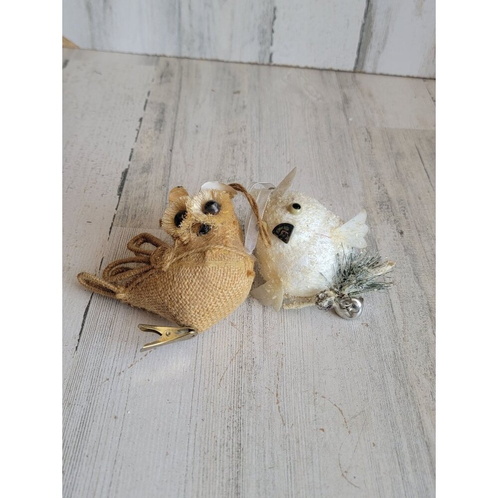 Owl brown white clip on ornament Xmas set bird